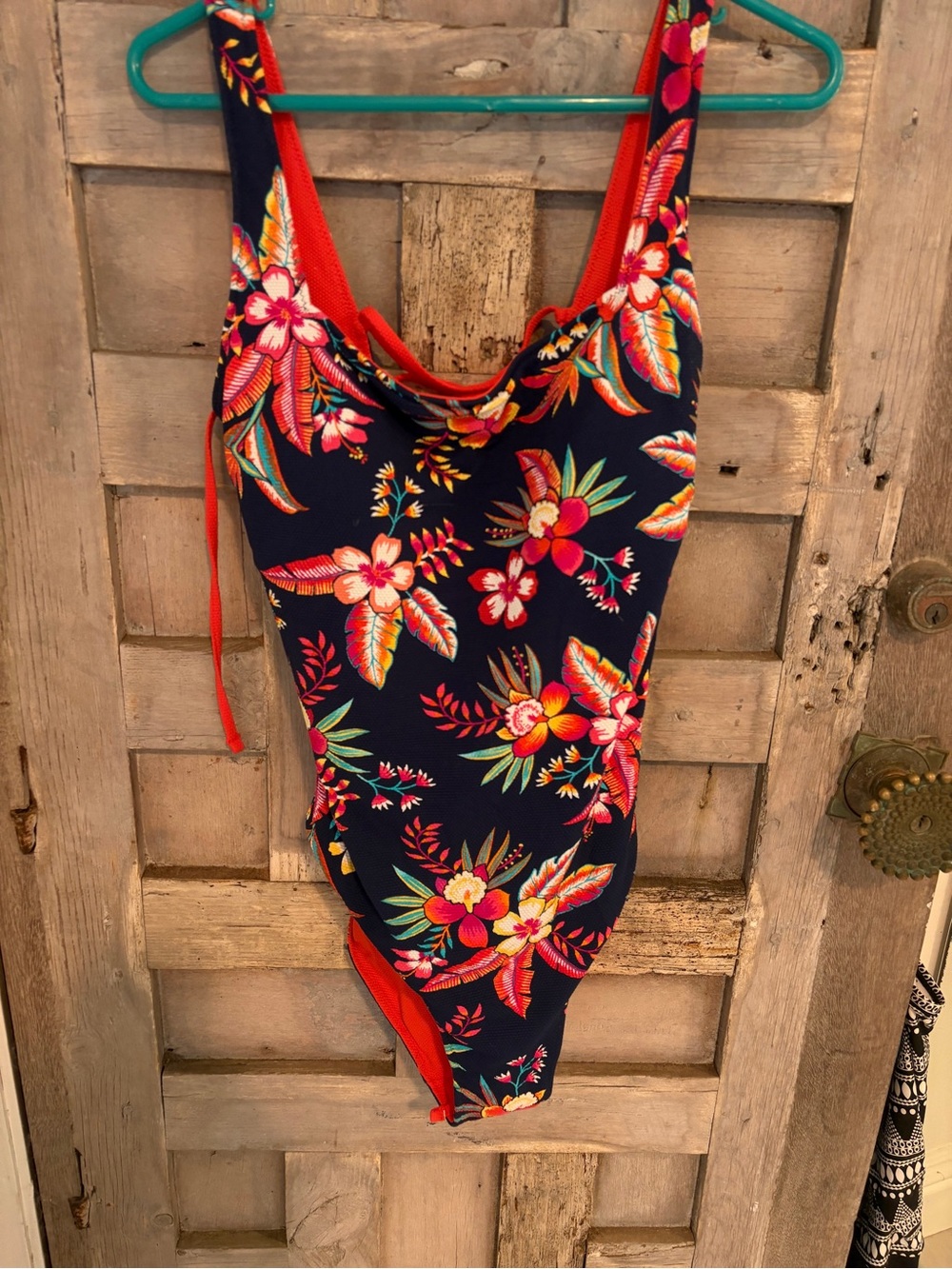 Ladies Floral One-Piece Swimsuit - Navy with Red Trim. Size XL